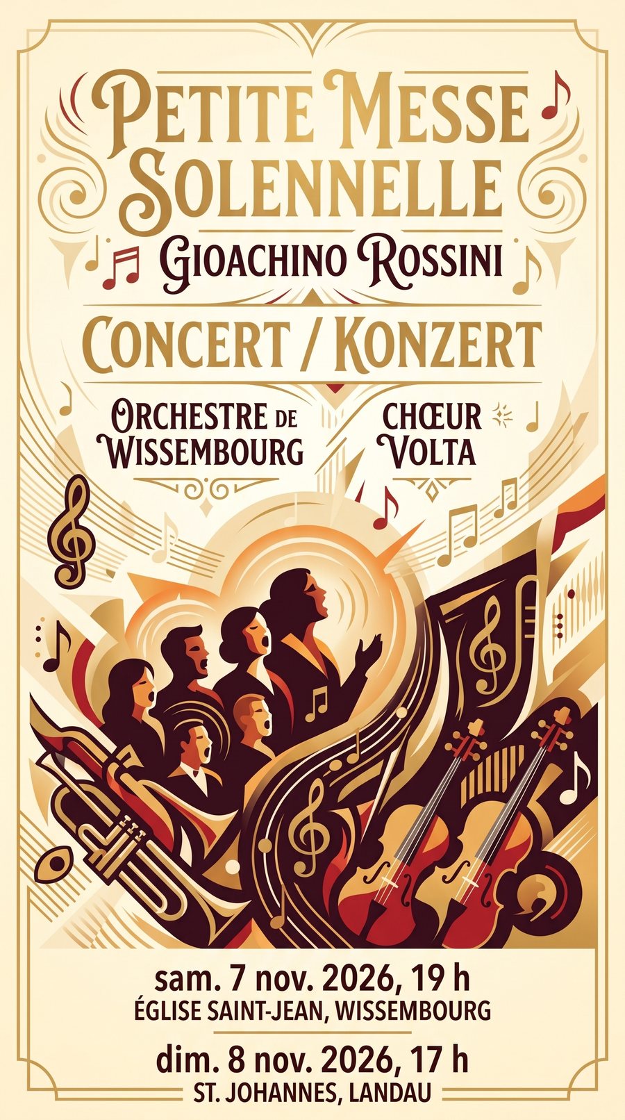 Affiche du concert Petite Messe solennelle de Rossini par l'Orchestre de Wissembourg et le Chœur Volta, les 7 et 8 novembre 2026